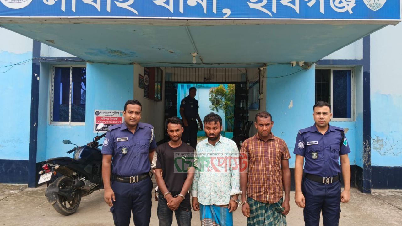 লাখাইয়ে পুলিশের অভিযানে নারী ও শিশু মামলার পলাতকসহ গ্রেপ্তার ৩