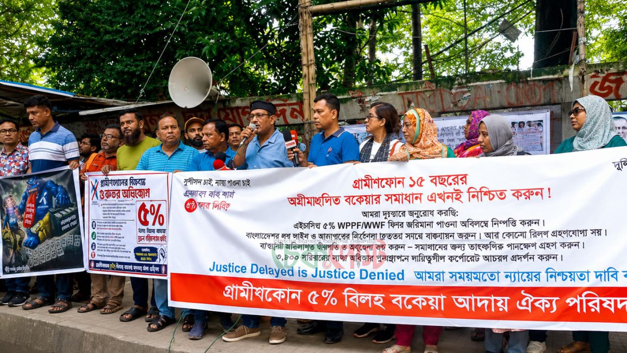 গ্রামীণফোন শ্রমিকদের ১৫ বছরের পাওনা পরিশোধের দাবিতে প্রেস ক্লাবে বিক্ষোভ